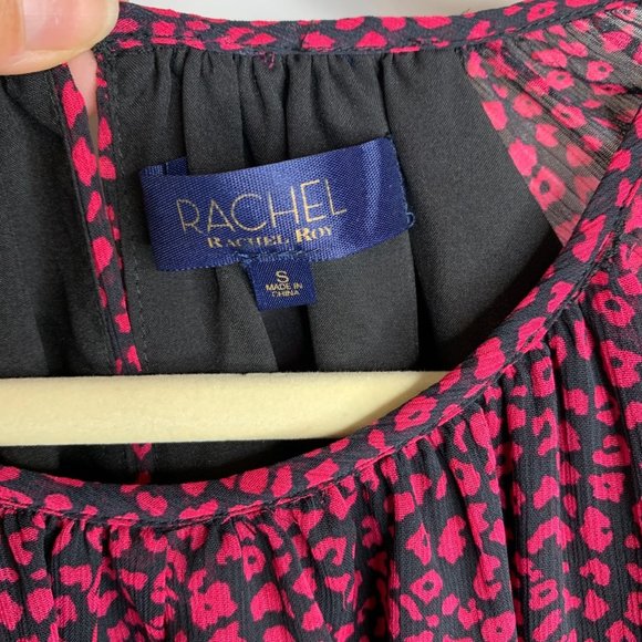 RACHEL ROY Black Wild Pink Combo Elastic Waist Sheer Ruffle‎ Dress Sz S - Picture 9 of 11